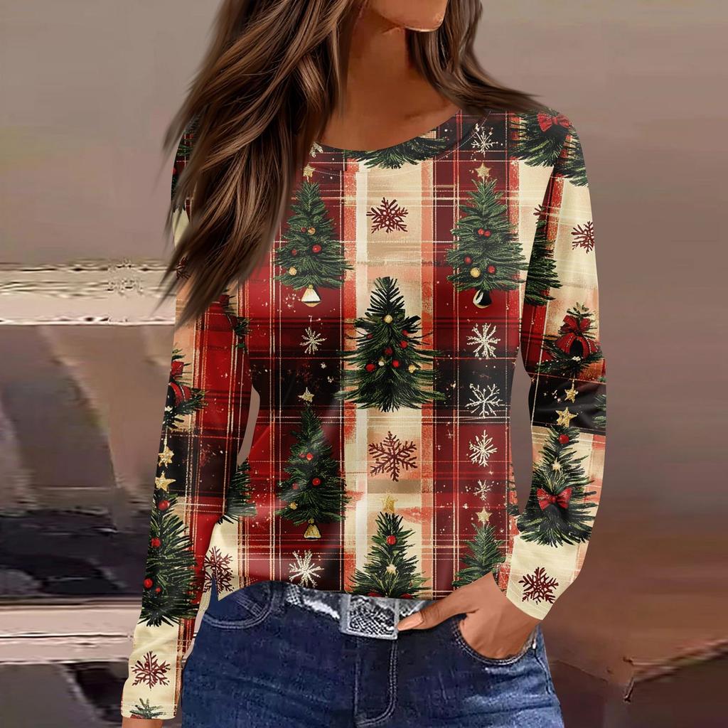 Длинные рукава женские топы цветочный принт винтажная мода повседневные свободные с R-образным вырезом рубашки больших размеров Рождество