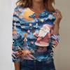 Women's Fashion Casual V-Neck Long Sleeve Decorative Button Christmas Print Top