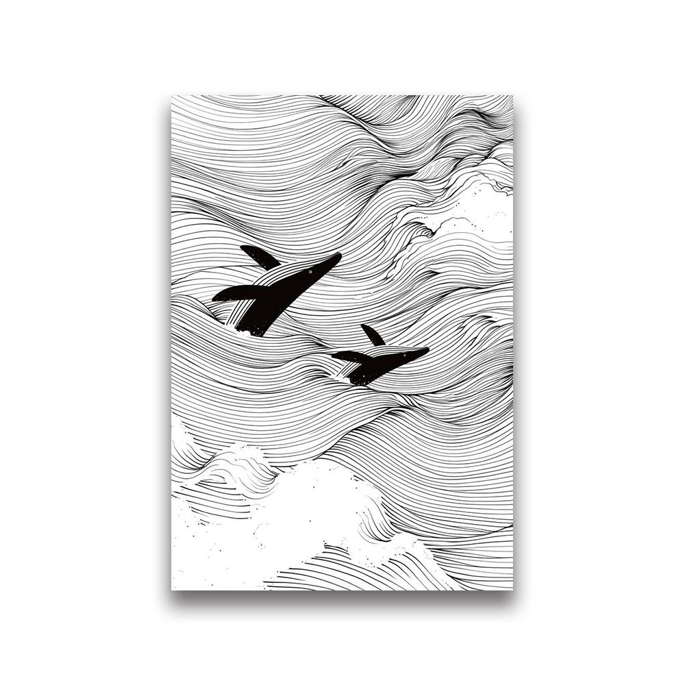 Waves Line Art Pictures Surfing Penguin Manta Dolphin Whale Prints Canvas for Home Living Room ation
