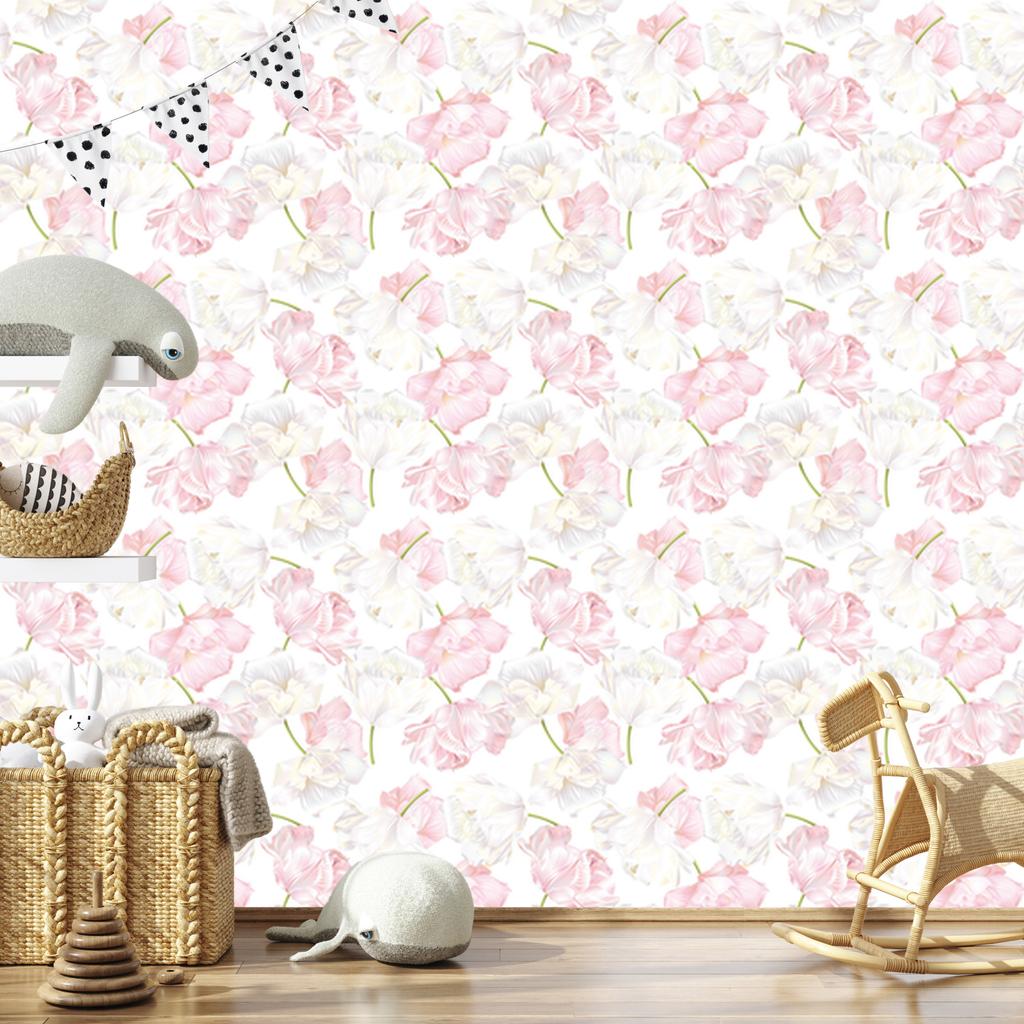 Pink and white tulips wallpaper for living room and bedroom 50x1000