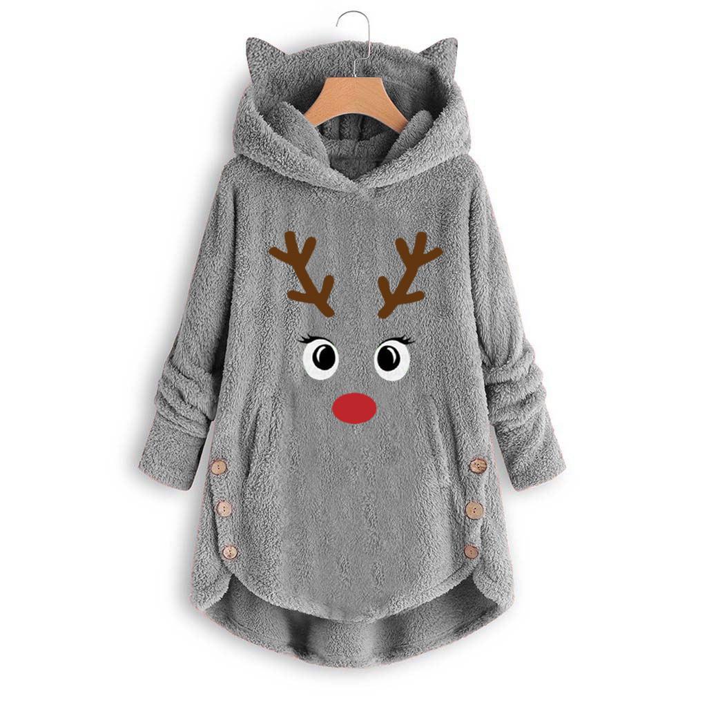 Fashion Winter Irregular Ladies Coat Christmas Embroidery Warm Button Top Plush Loose Cute Cat Ear Jacket Sweater