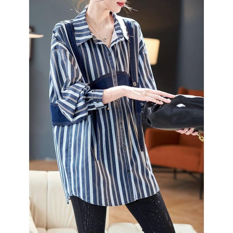 Модная джинсовая рубашка в стиле пэчворк для женщин с полосками, модный весенний дизайн в корейском стиле