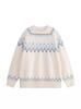 White Fair Isle Retro Women's Pullover - Autumn/Winter Korean Style, Soft Round Neck Loose Knit Sweater