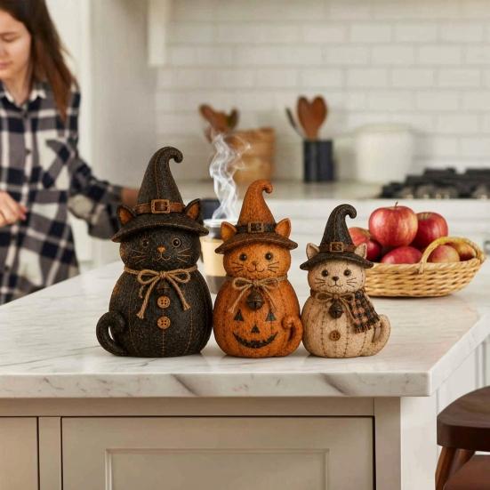 Halloween Table Decorations 3Pcs Witch Cat Dog Statues, Resin Rustic Farmhouse Small Harvest Figures Ornaments for Autumn Thanksgiving, Fireplace