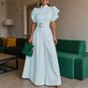 Womens Casual Stand Collar Short Sleeve Wide Leg Long Jumpsuits