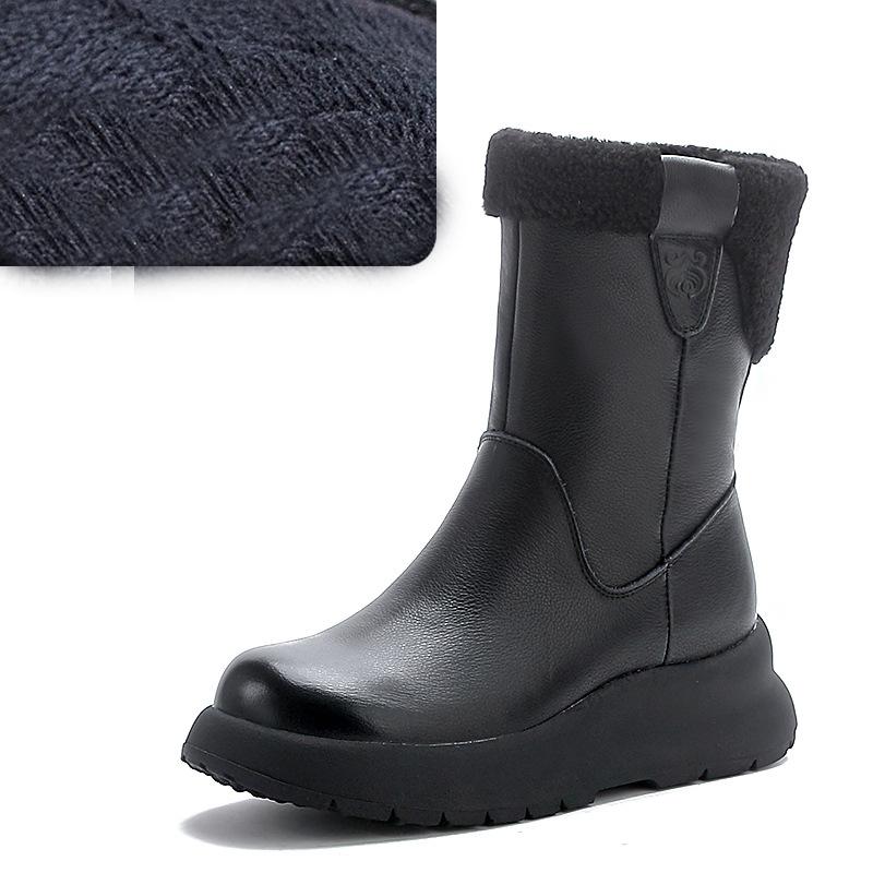 Snow Boots Genuine Leather Plush Warm Solid Color Thick Sole Women's Mid-calf Short Boots