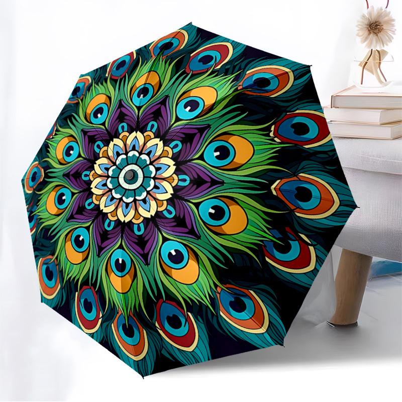 1PC Peacock Feather Mandala Automatic 8-Bone Folding Umbrella - Durable Polyester & Iron Frame,Userfriendly Operation y250929127