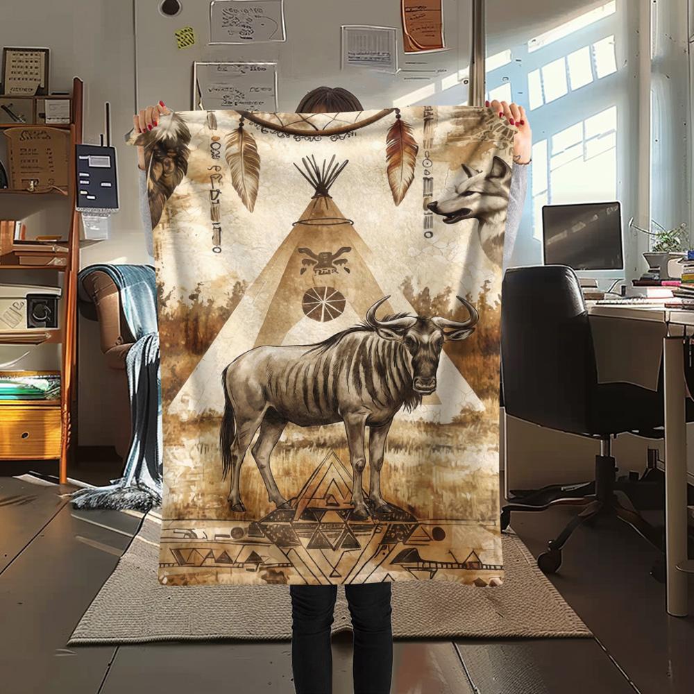 1PC Tribal Totem Print FlAannel Blanket, High quality Comfortable for All Seasons, Home Decor, Warmth and Comfort