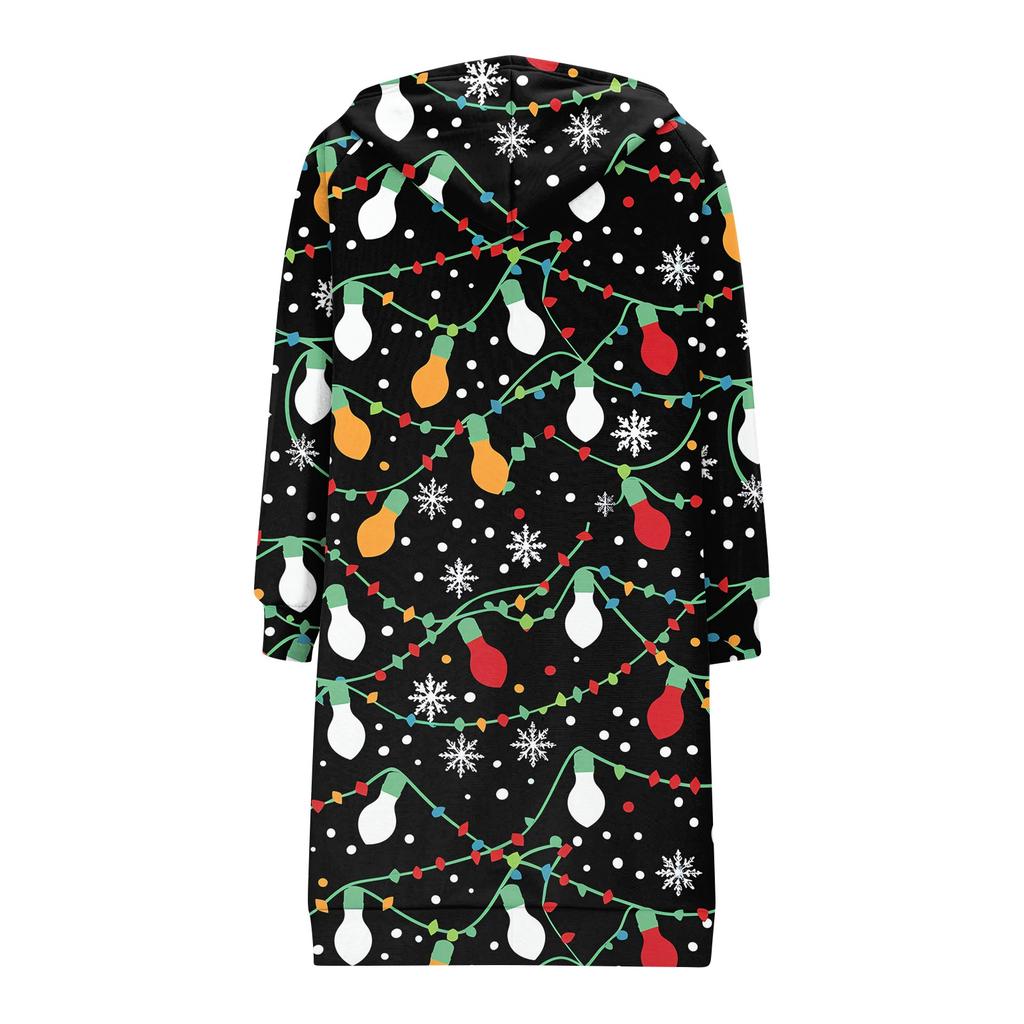 Women's Fashionable Christmas Printed Long Sleeved Drawstring Hooded Zipper Pocket Long Casual Sweatshirt Jacket