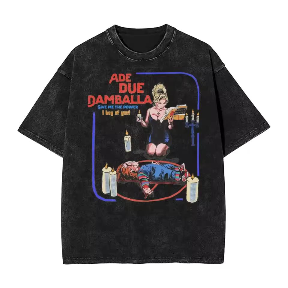 Vintage Acid Washed Black Witch Doll Candle Graphic T shirt Retro Horror Oversized Short Sleeve Goth Street Tops Unisex
