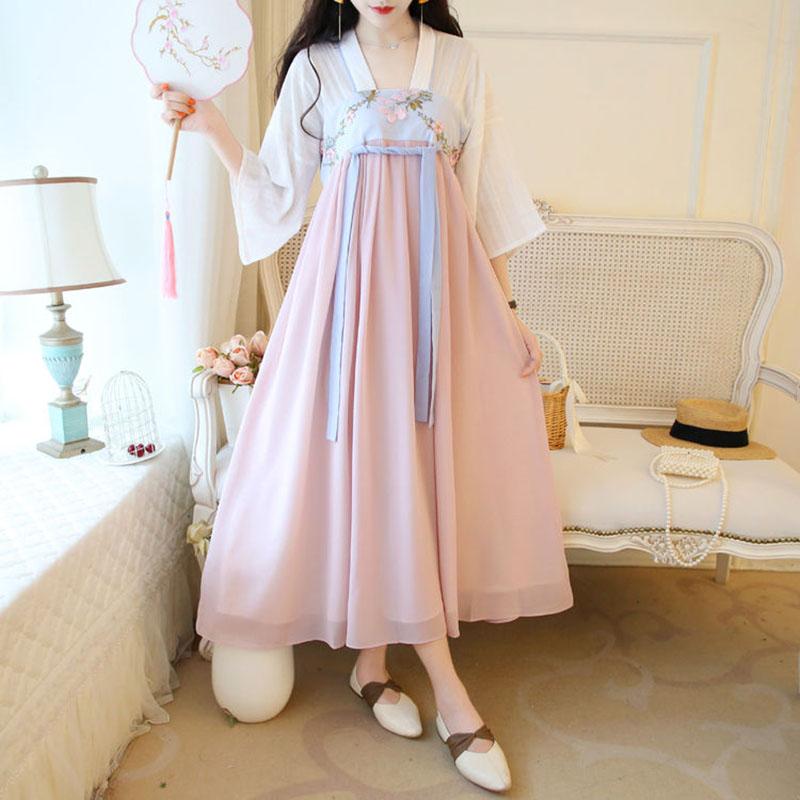 Dynasty Han Clothing Improved Chinese Dress Summer Female Student Embroidered Antique Ancient Costume Fairy High Waist Midsleeve Chiffon Long Skirt