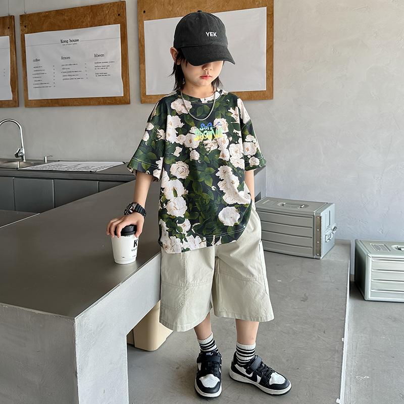 Boys' short sleeved T-shirt for summer 2026, new big children's summer outfit, pure cotton half sleeved top, boys' summer T-shirt