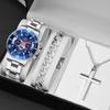 3pcs/set, 1pc Fashion Men's Calendar Business Round Pointer Stainless Steel Quartz Watch & 1pc Bracelet & 1pc Necklace