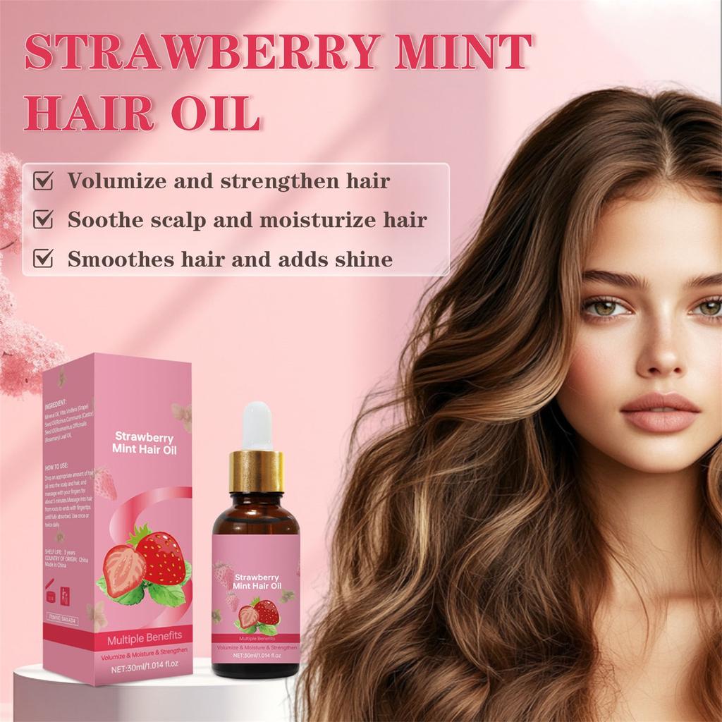 Strawberry Mint Hair Oil 30ml,Volumize And Strengthen Hair,Soothe Scalp And Moisturize Hair,Smoothes Hair