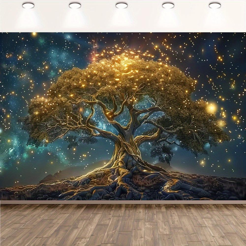 2D Flat, Golden Tree of Life Galaxy Starry Night Tapestry Spiritual Wall Art Bedroom Decor Cosmic Mystical Universe Background