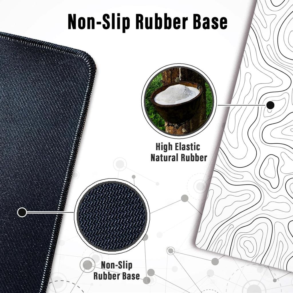 Large Gaming Mouse Pad Topographic Map Desk Mat, Extended XL Mousepad with Anti-Slip Base Cool Desk Pad for Keyboard Mouse White