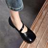 Johnature Square Toe Shallow Mary Jane Shoes Genuine Leather Retro Solid Color Soft Soled Shoes