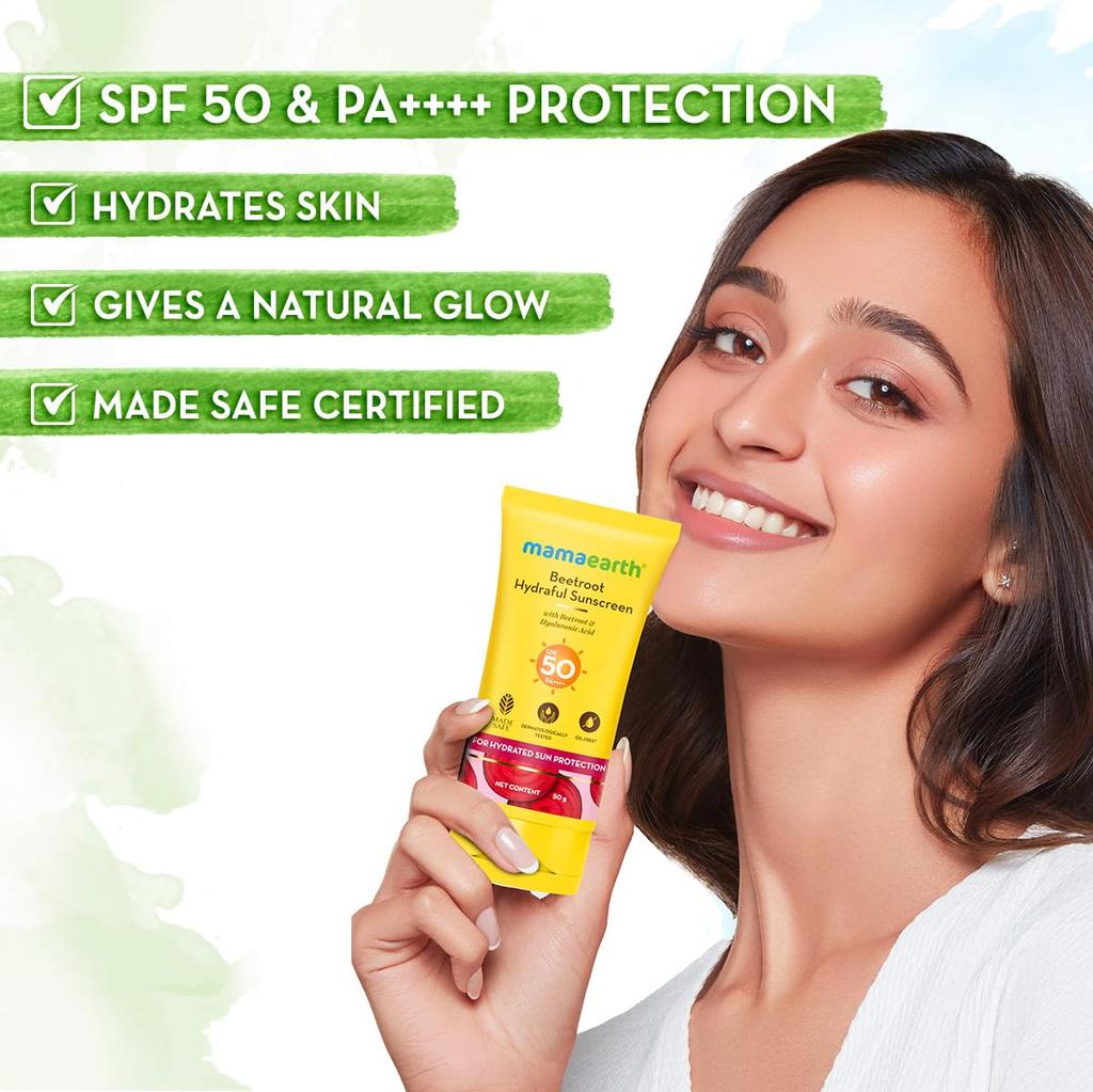Mamaearth Beetroot Hydraful Sunscreen SPF 50 PA++++ For Tan Protection Hydrating Glow No White Cast 50g For All Skin Types
