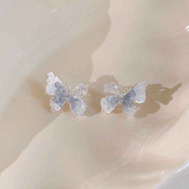 Silver Needle Crystal Flower Butterfly Earrings New Popular Earrings Fashion Light Luxury High-end Earrings