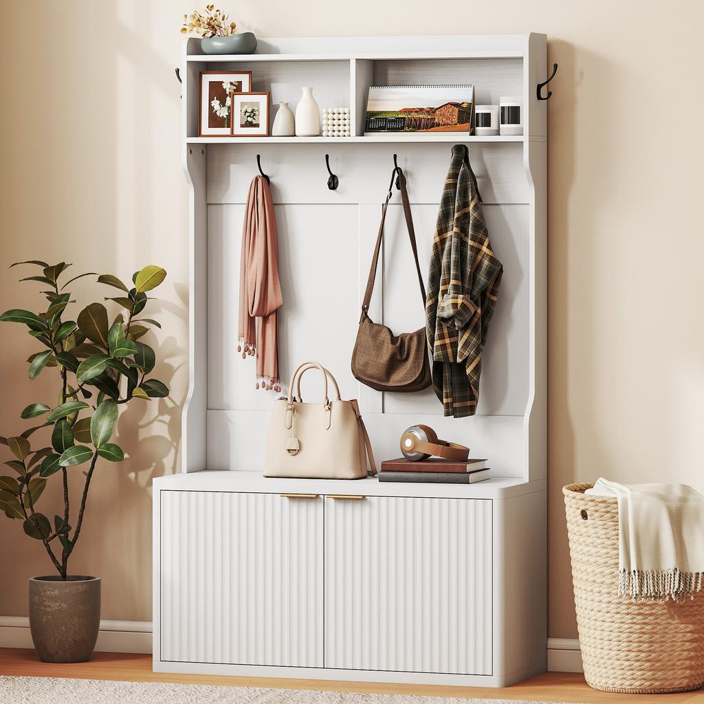 4-in-1 Coat Rack and Shoe Storage with Open Shelf, 100x38x172cm, White