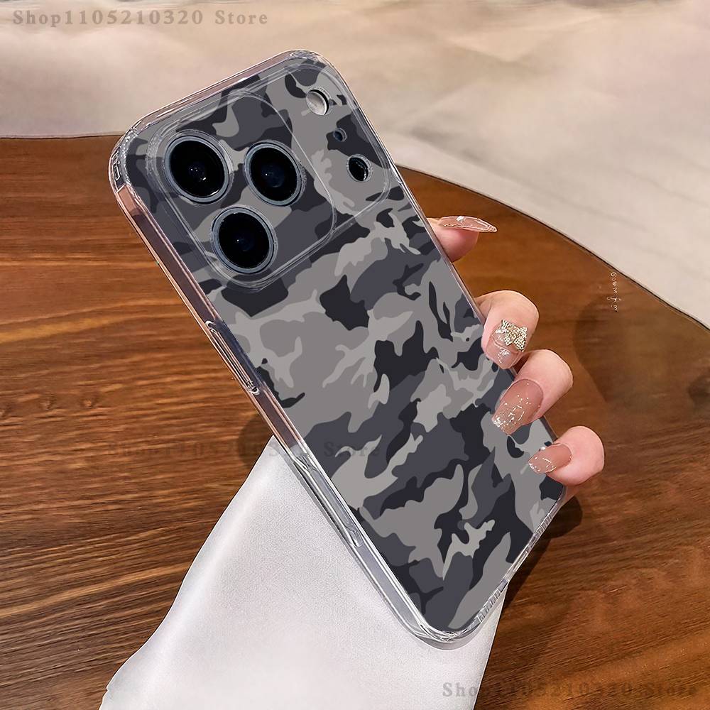 Камуфляжная чехол-бампер для телефона с военным рисунком iPhone17 16 15 14 13 12 11 Pro Max Plus Mini Прозрачный Полностью закрывающий заднюю крышку Силиконовый Мягкий чехол