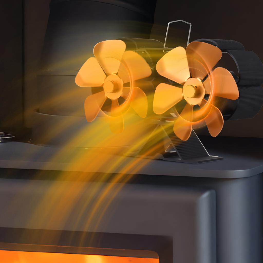 Dual Head 6 Blade Heat Powered Stove Fan with Carrying Handle and Overheating Protection Portable
