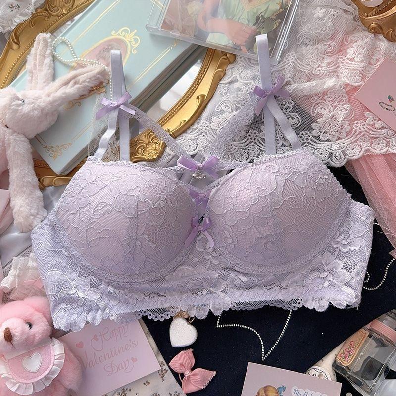 Japanese pure desire to wear lace underwear women's cross dew belt love pendant no steel ring gathering bra cover set