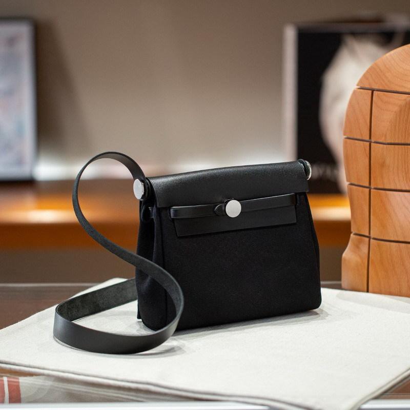 2026 New 20cm Cowhide With Canvas Leather Bag Mini Shoulder Crossbody Fabric Cross-border
