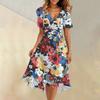 Women's Summer Fashion V-Neck Flared Dress Short Sleeve Floral Dresses