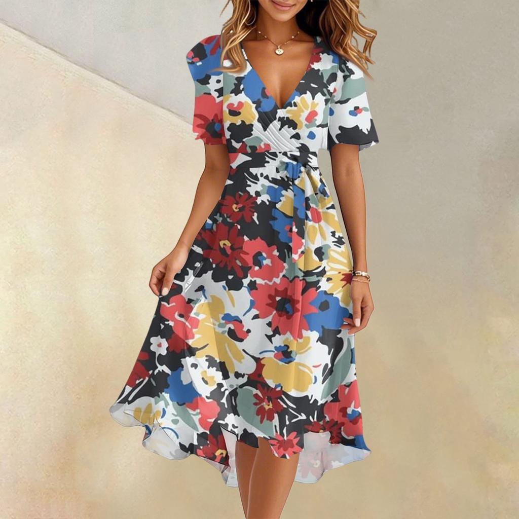 Women's Summer Fashion V-Neck Flared Dress Short Sleeve Floral Dresses
