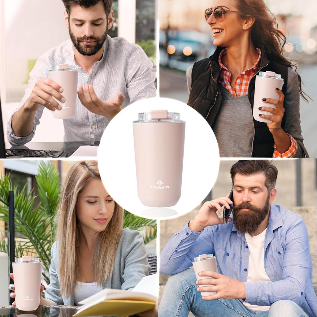 Philorn Vacuum Insulated Stainless Steel Coffee Cup with Keeps Hot or Perfect for Hot Convenience Drip Direct Light Water and More Tumbler, 380ml,