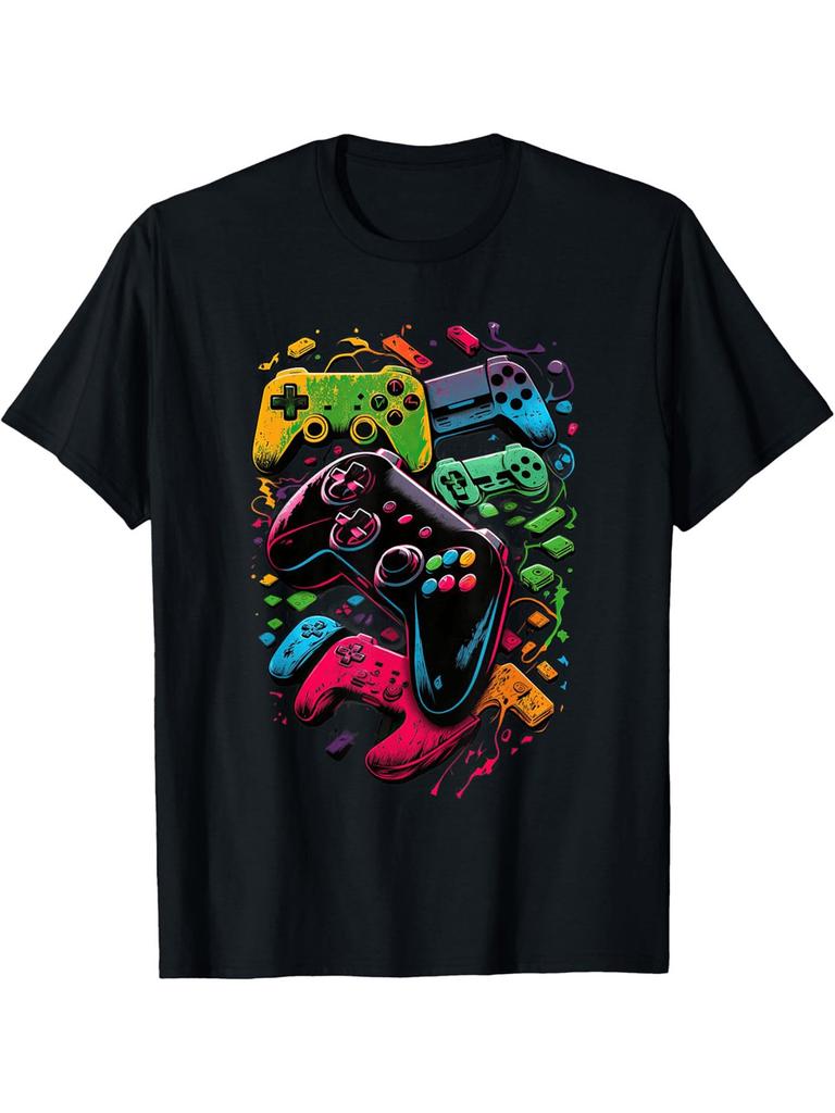 Teenager'S Plus-Size T-Shirt, Printed with Vibrant Game Controller Pattern - Regular Fit, Casual Round Neck, Slightly St