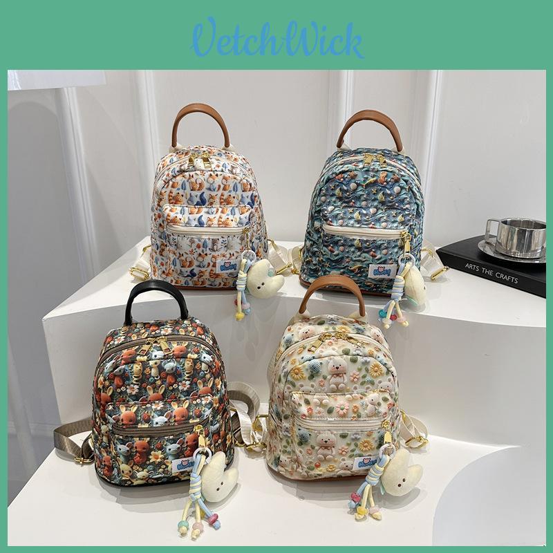 Cute Cotton Rabbit Bear Fox Shell Printed Student Casual Backpack With Pendant For Casual Outings