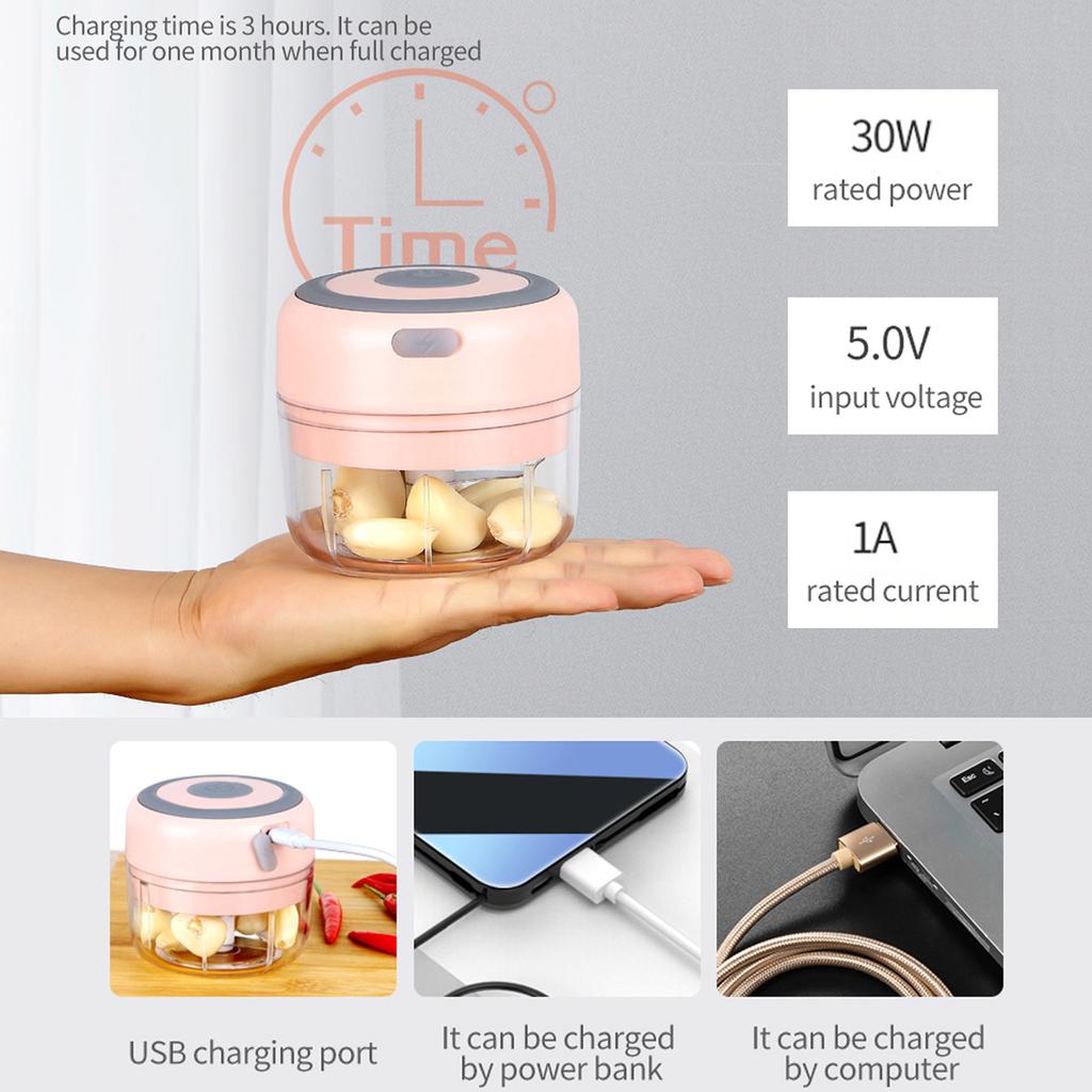 Mini Garlic Grinder Electric Garlic Chopper Cordless Food Fruit Vegetable Blender Kitchen Gadgets 100ML USB Rechargeable