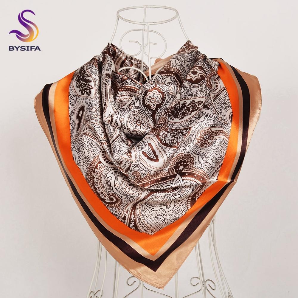 BYSIFA | Осенне-зимний элегантный цветочный дизайн шарфы шали новый зеленый оранжевый квадратный шелковый шарф 90*90 см женский шейный платок хиджаб