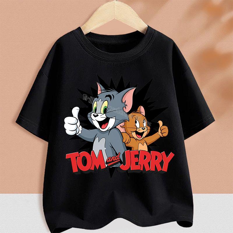 Tom and Jerry T-shirt for Children Cartoon Partern Tee Top Round Collar Clothing Black White Short Sleeve Kid Anime Clothes Gift