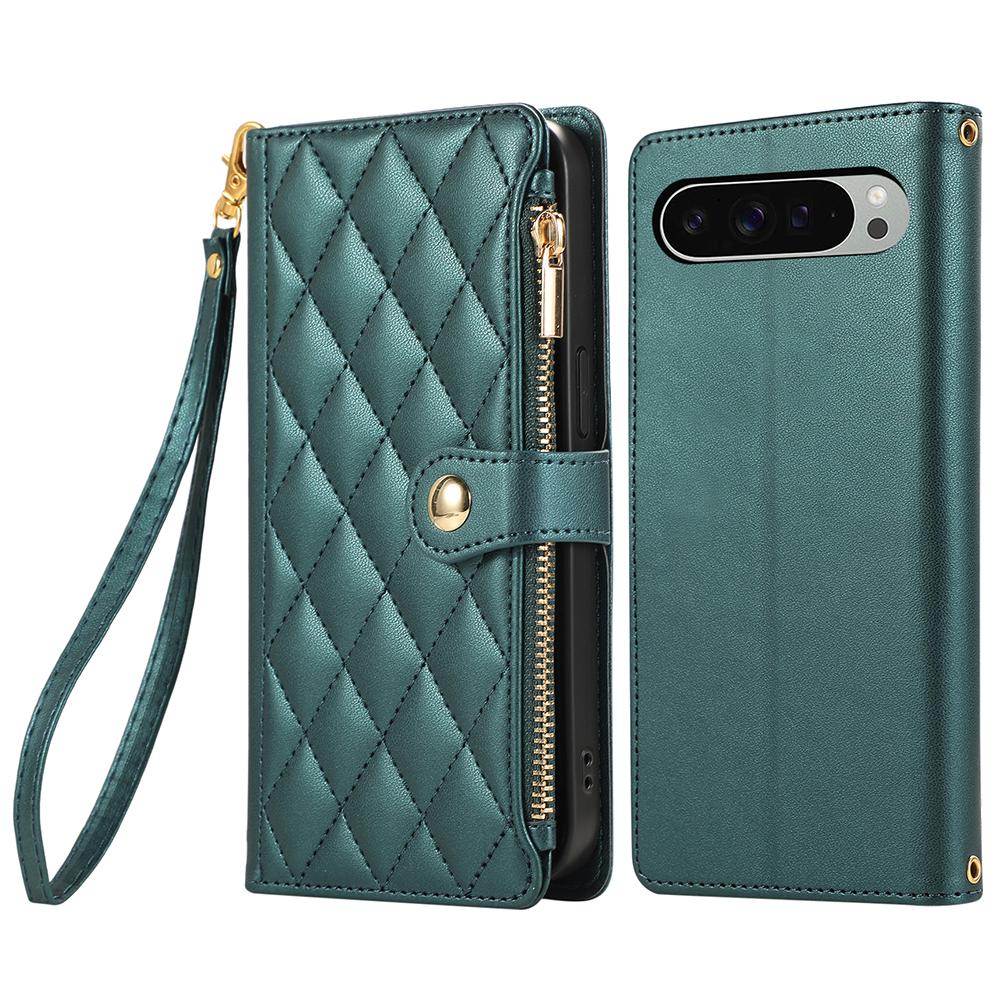 For Google Pixel 9 Pro XL Case Multi Card Slots Zipper Rhombus Leather Phone Cover with Wrist Strap