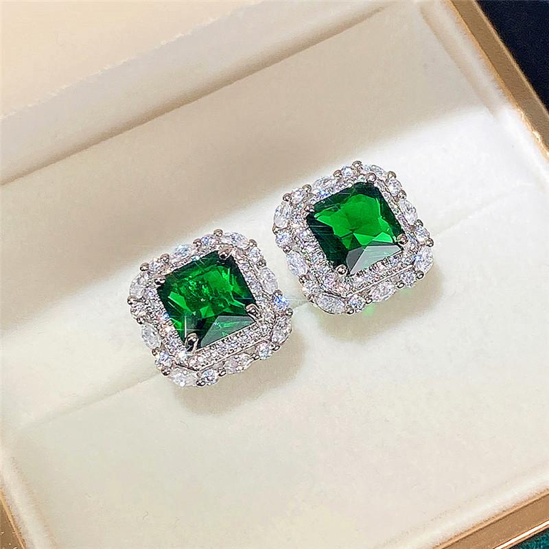 Huitan Vintage Green CZ Stud Earrings for Lady Dance Party Luxury Ear Accessories Anniversary Birthday Gift Women's Jewelry Hot