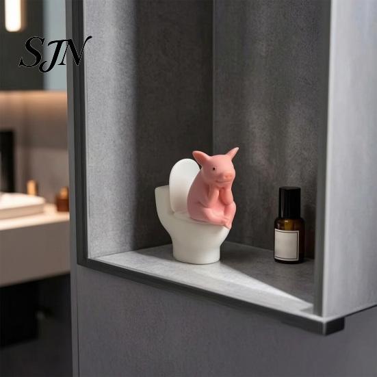 Pink Pig Figurine Miniature Toilet Figurine, Sitting on Thinking Tabletop Decor Statue, Cartoon Farm Animal Decoration for Home, Office, Bathroom