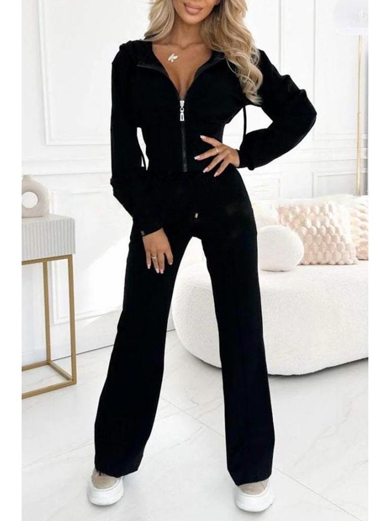 2025 Autumn/Winter Solid Color Hooded Zip-Up Top & Wide-Leg Pants Two-Piece Set