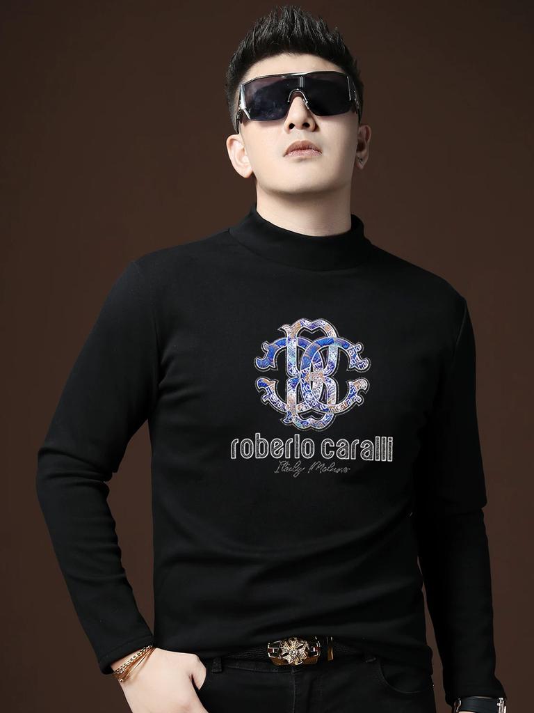 European Trendy Brand Men's Fleece-Lined Half-Turtleneck Base Layer Shirt, Autumn and Winter Slim Fit Warm Inner Wear Long-Sleeve T-Shirt for Men