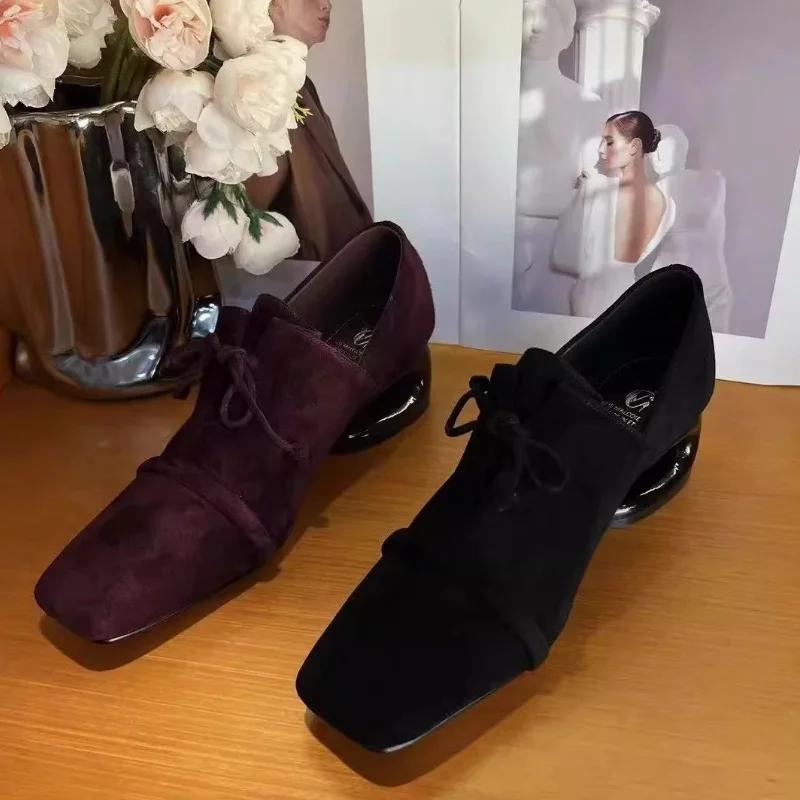 Замшевые туфли на квадратном носке со средним каблуком, женские дизайнерские туфли на толстом каблуке, тренд 2025 года, модные туфли-лоферы, туфли-лодочки, зимняя новинка, женские туфли-лодочки
