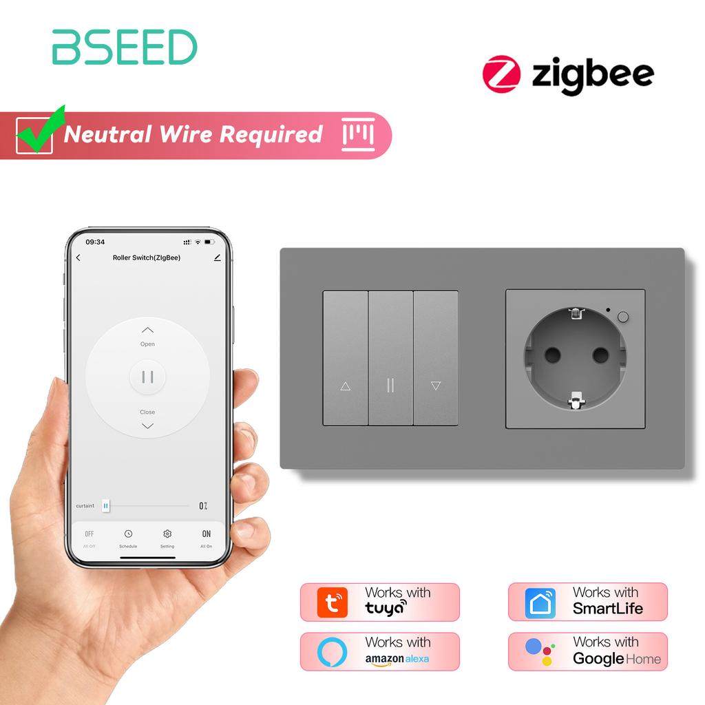 BSEED Zigbee Shutter Switch With Wall Sockets Wall Smart Click Switches Yellow Backlight Plastic Frame Tuya APP Roller Switch EU
