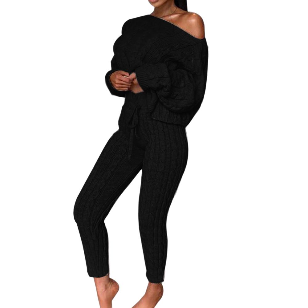 Осенний женский повседневный вязаный комплект, сексуальный комплект из двух предметов, свитер с длинными рукавами, короткий пуловер, укороченный топ, комплект с длинными штанами на завязках