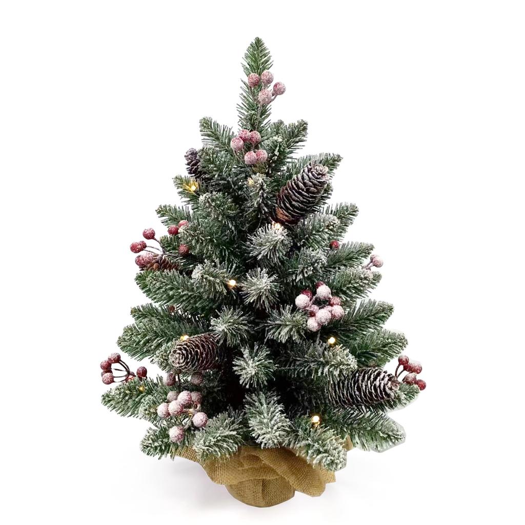20 Inch Small Christmas Tree Tabletop Decor with Warm White LED Light String Red Fruit Plastic Pine