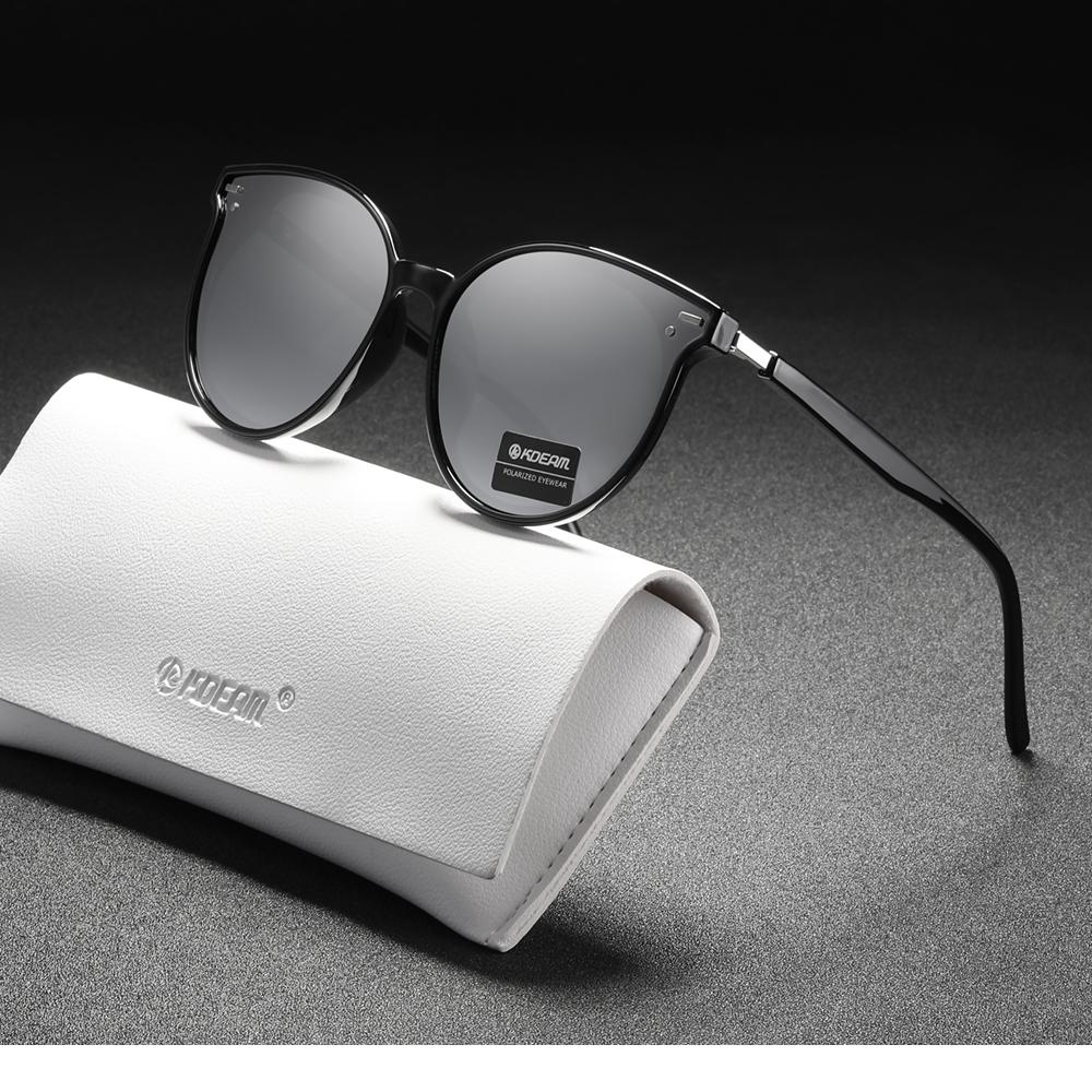 KDEAM Soft TR90 Material Women Sunglasses Cat Eye Polarized UV400 Mirror Sun Glasses Round Black Shades With Leather Case