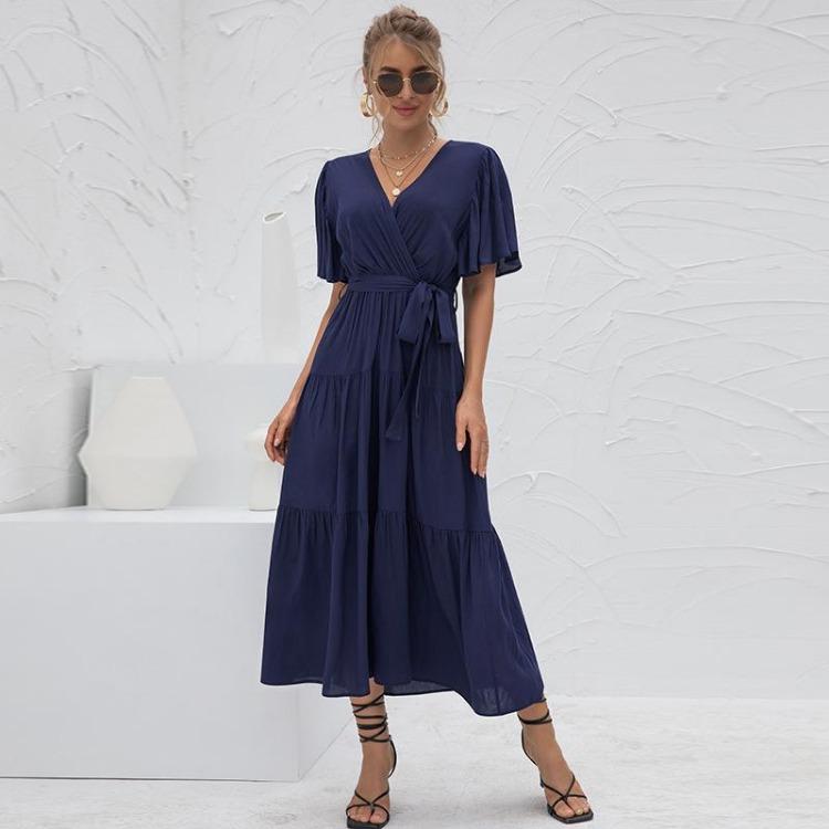 Women Summer Fall Casual Long Dress Solid V-neck Short Butterfly Sleeve Bandage Belt Sizes S-XXL