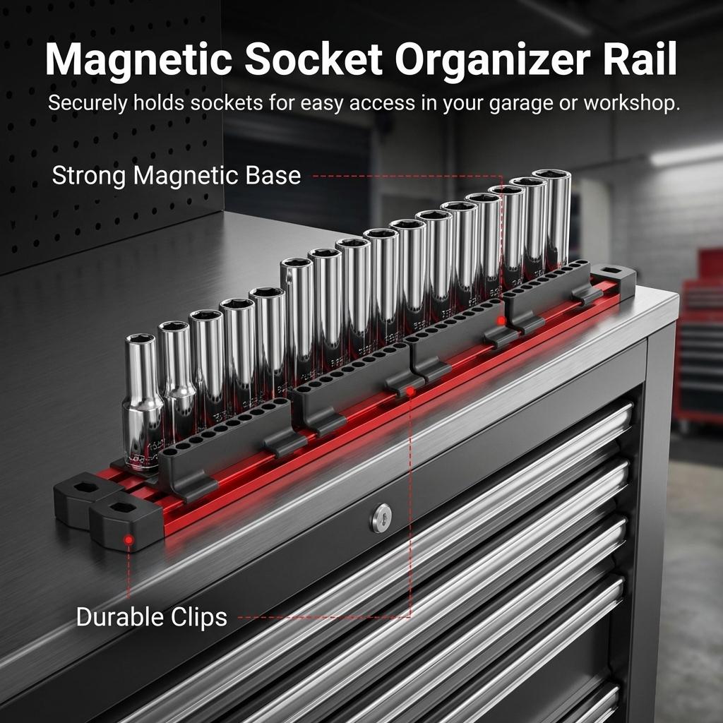 Magnetic Socket Organizer Rack With Strong Magnetic Base And Adjustable Slider For Garage Workshop
