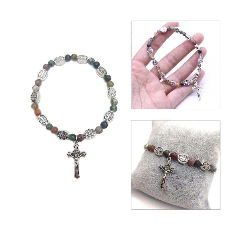 Beaded Stretch Rosary Bracelet with Cross-Charm Catholic Bracelets for Women Girls Religious Rosary Jewelry Wristband