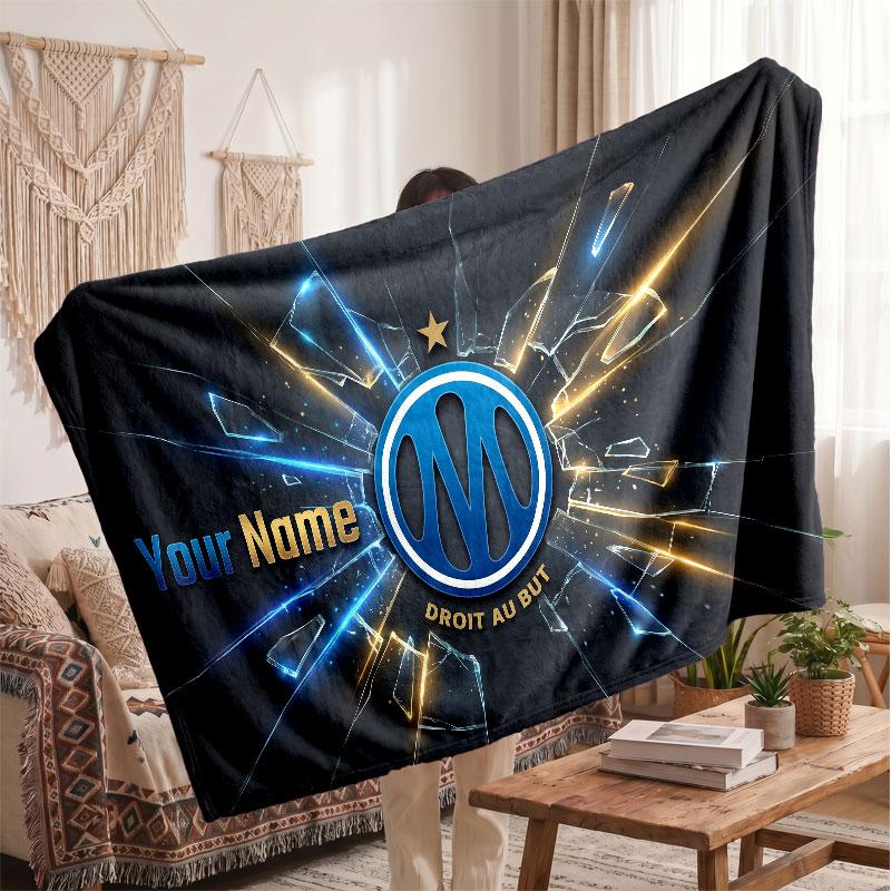Olympique Marseille FC Personalized Fleece Blanket With Football Logo, Custom Name Text Soft Warm Home Throw Blanket